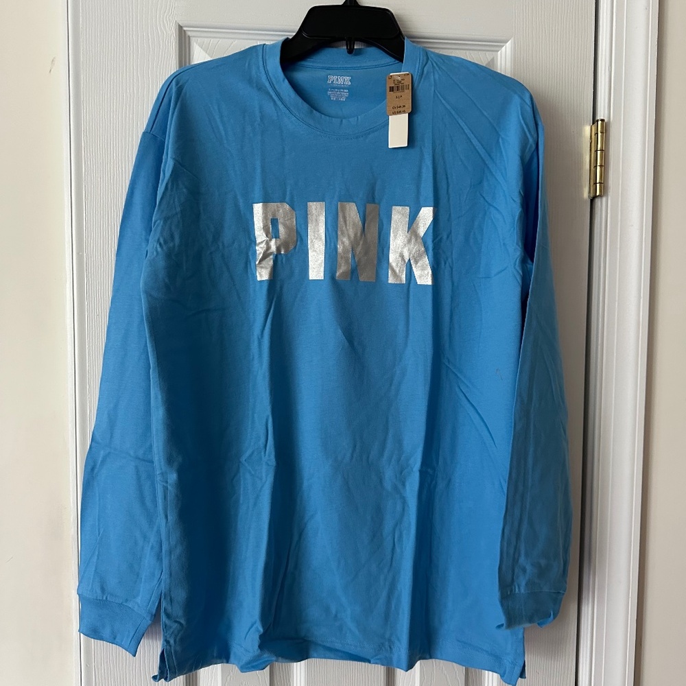 NWT PINK Victorias Secret Long Sleeve T Shirt LIGHT BLUE SMALL